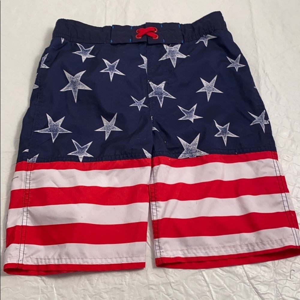 Cat and Jack American Flag red white blue swim trunks L = 12-14
